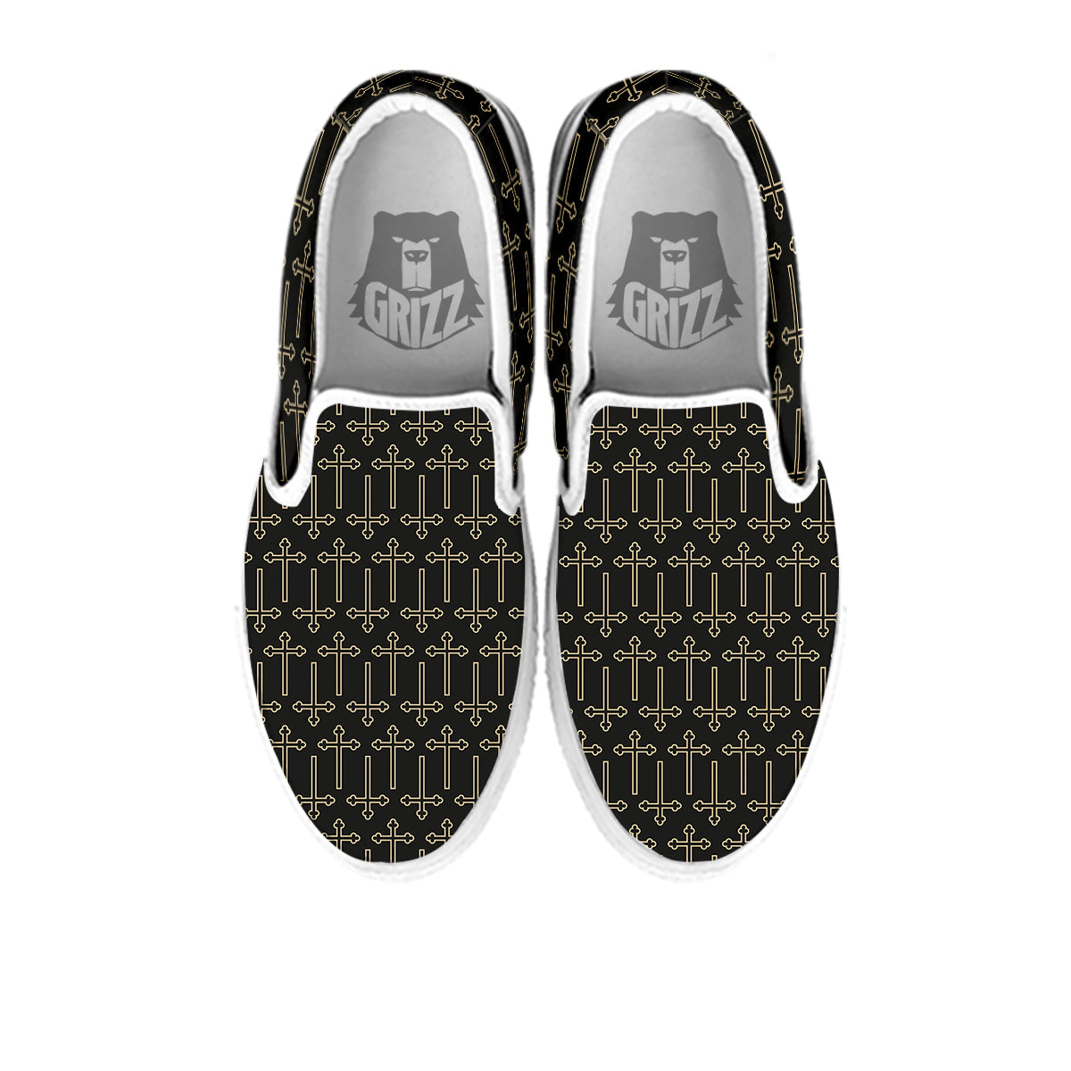 Orthodox Beige And Black Print Pattern White Slip On Shoes-grizzshop