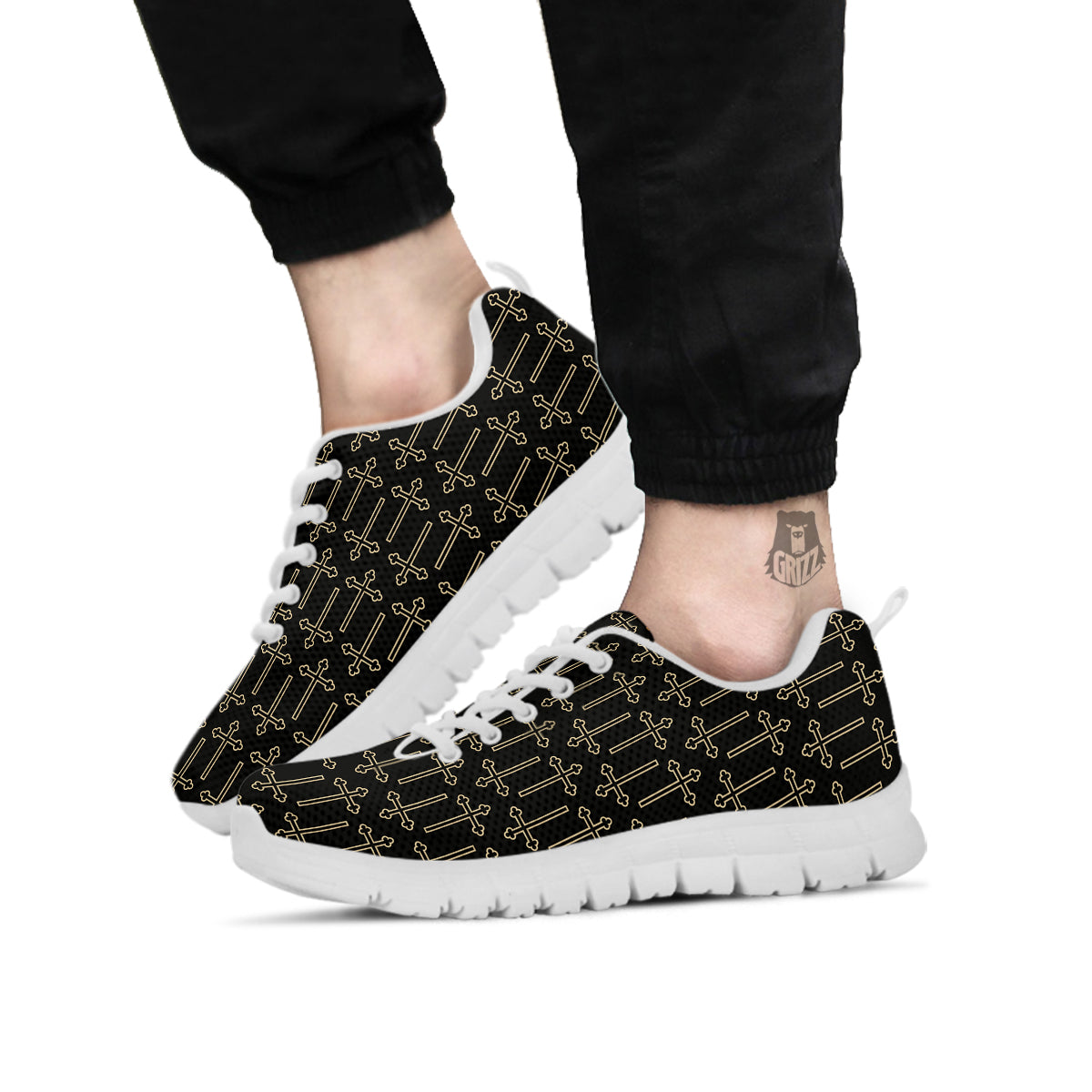 Orthodox Beige And Black Print Pattern White Sneaker-grizzshop