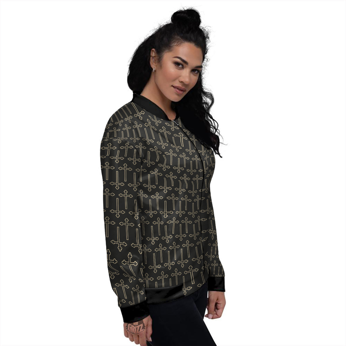 Orthodox Beige And Black Print Pattern Women's Bomber Jacket-grizzshop