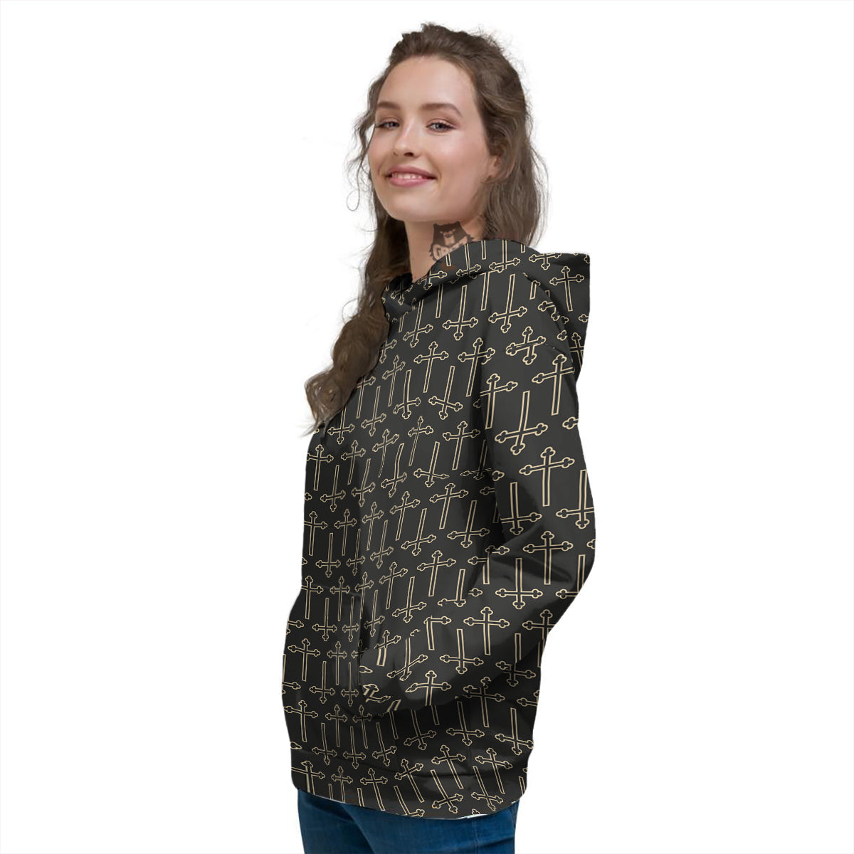 Orthodox Beige And Black Print Pattern Women's Hoodie-grizzshop
