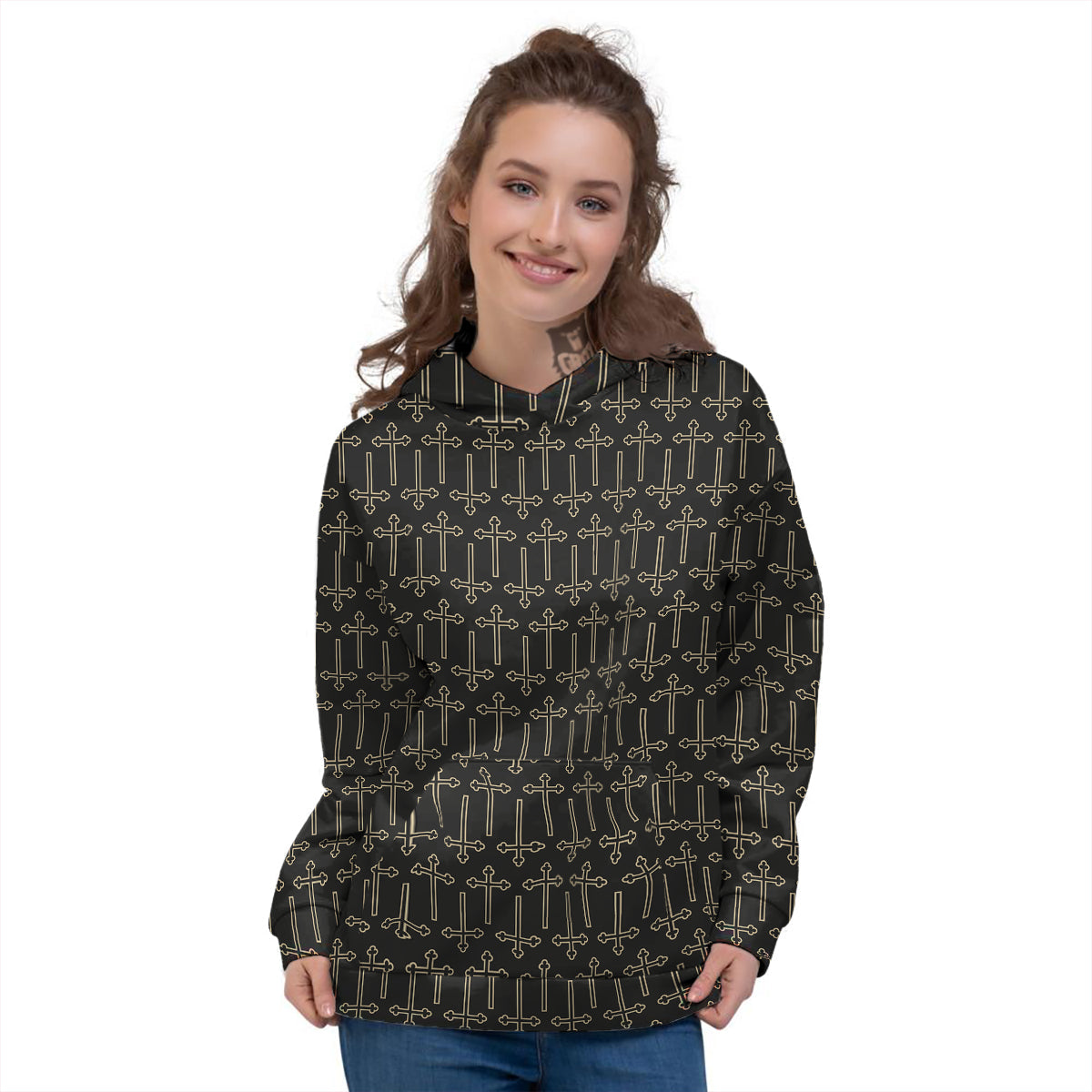 Orthodox Beige And Black Print Pattern Women's Hoodie-grizzshop