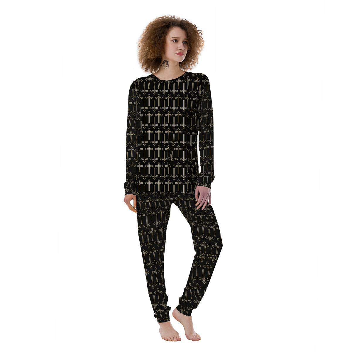 Orthodox Beige And Black Print Pattern Women's Pajamas-grizzshop