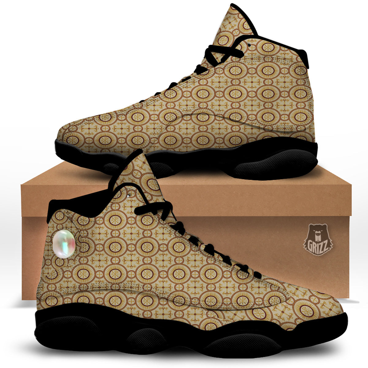 Orthodox Black And Beige Print Pattern Black Basketball Shoes-grizzshop