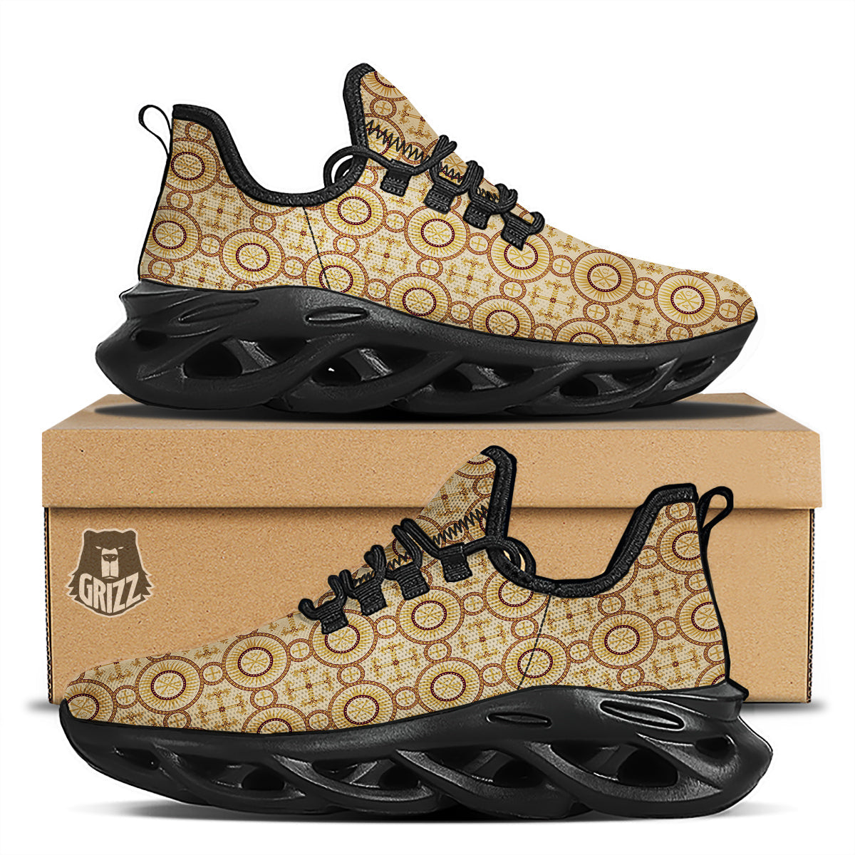 Orthodox Black And Beige Print Pattern Black Running Shoes-grizzshop