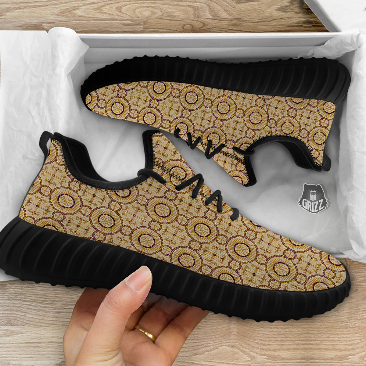 Orthodox Black And Beige Print Pattern Black Walking Shoes-grizzshop