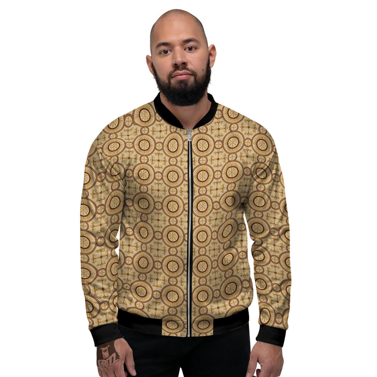 Orthodox Black And Beige Print Pattern Men's Bomber Jacket-grizzshop