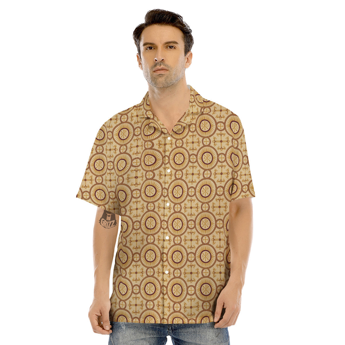 Orthodox Black And Beige Print Pattern Men's Hawaiian Shirt-grizzshop