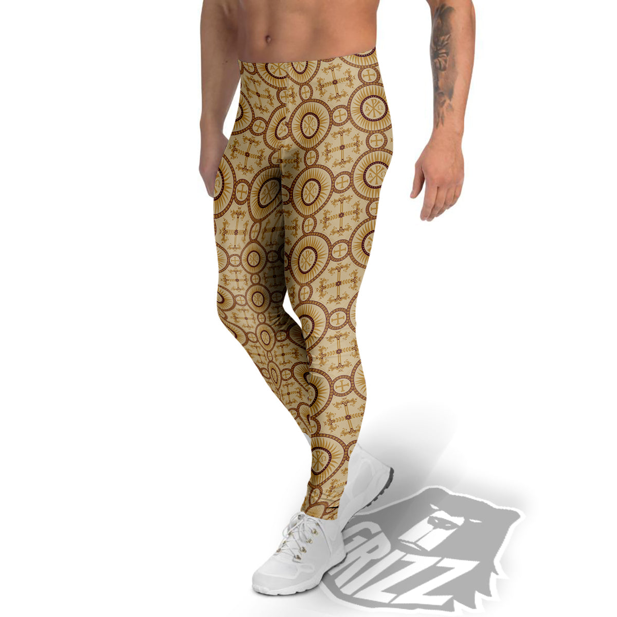 Orthodox Black And Beige Print Pattern Men's Leggings-grizzshop