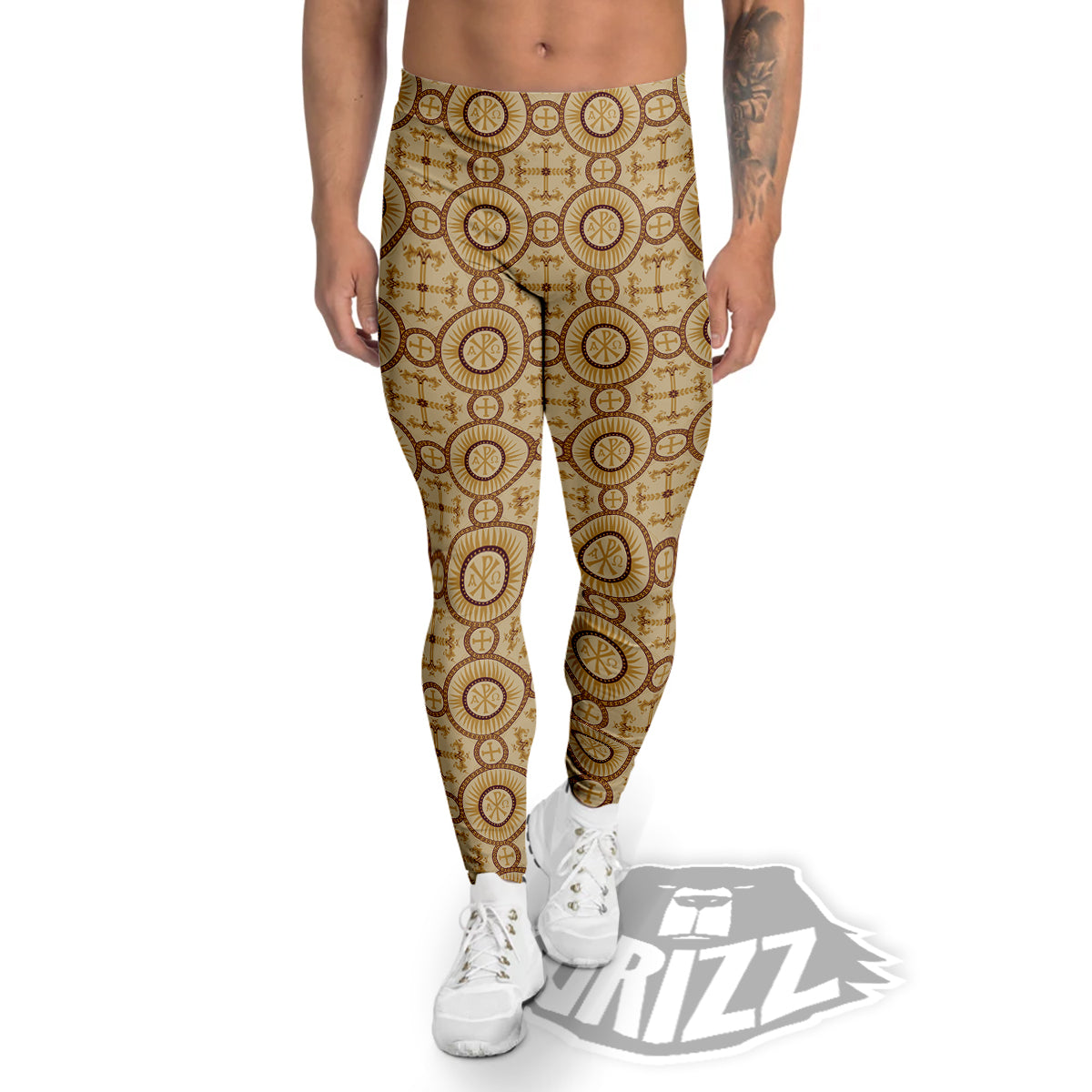 Orthodox Black And Beige Print Pattern Men's Leggings-grizzshop