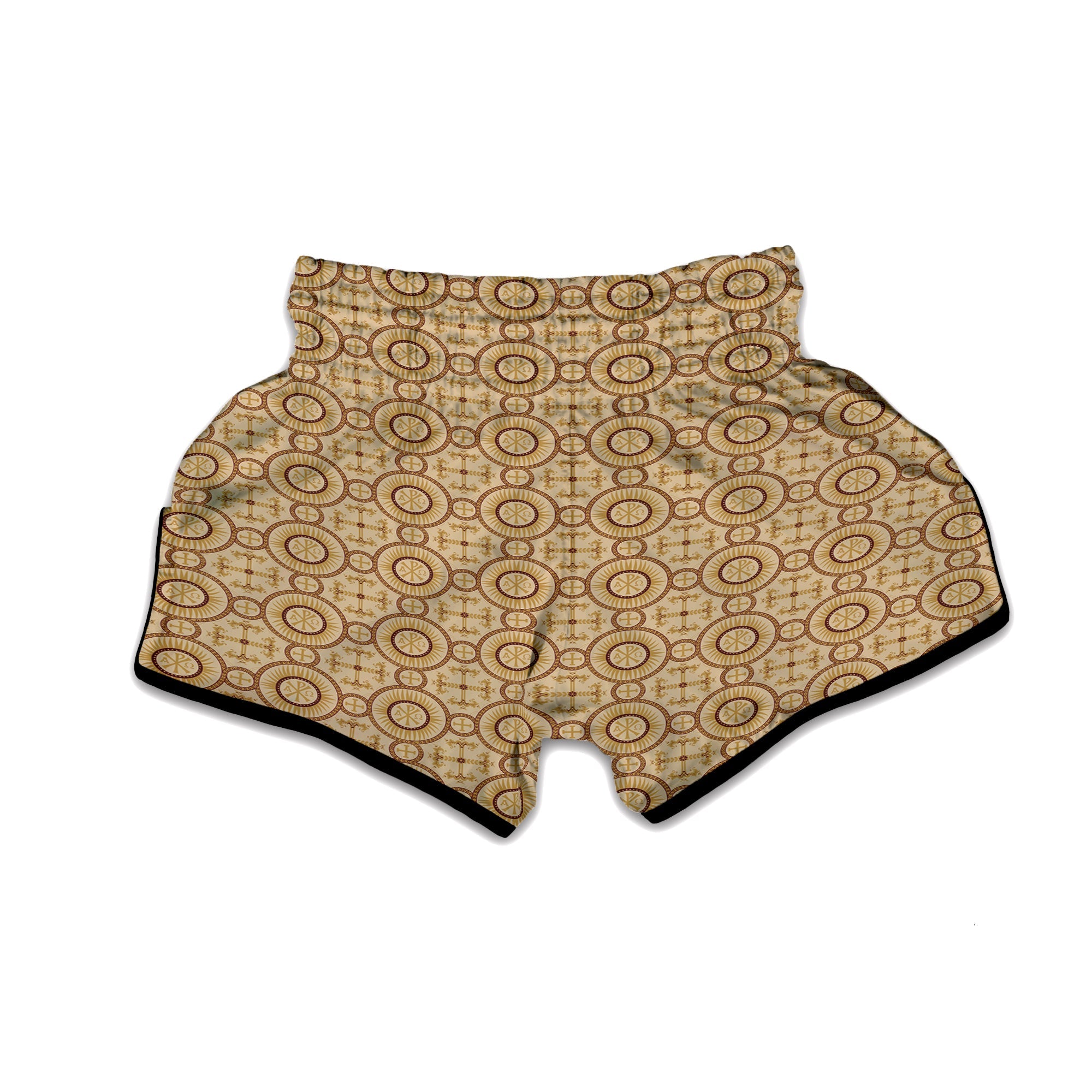 Orthodox Black And Beige Print Pattern Muay Thai Boxing Shorts-grizzshop