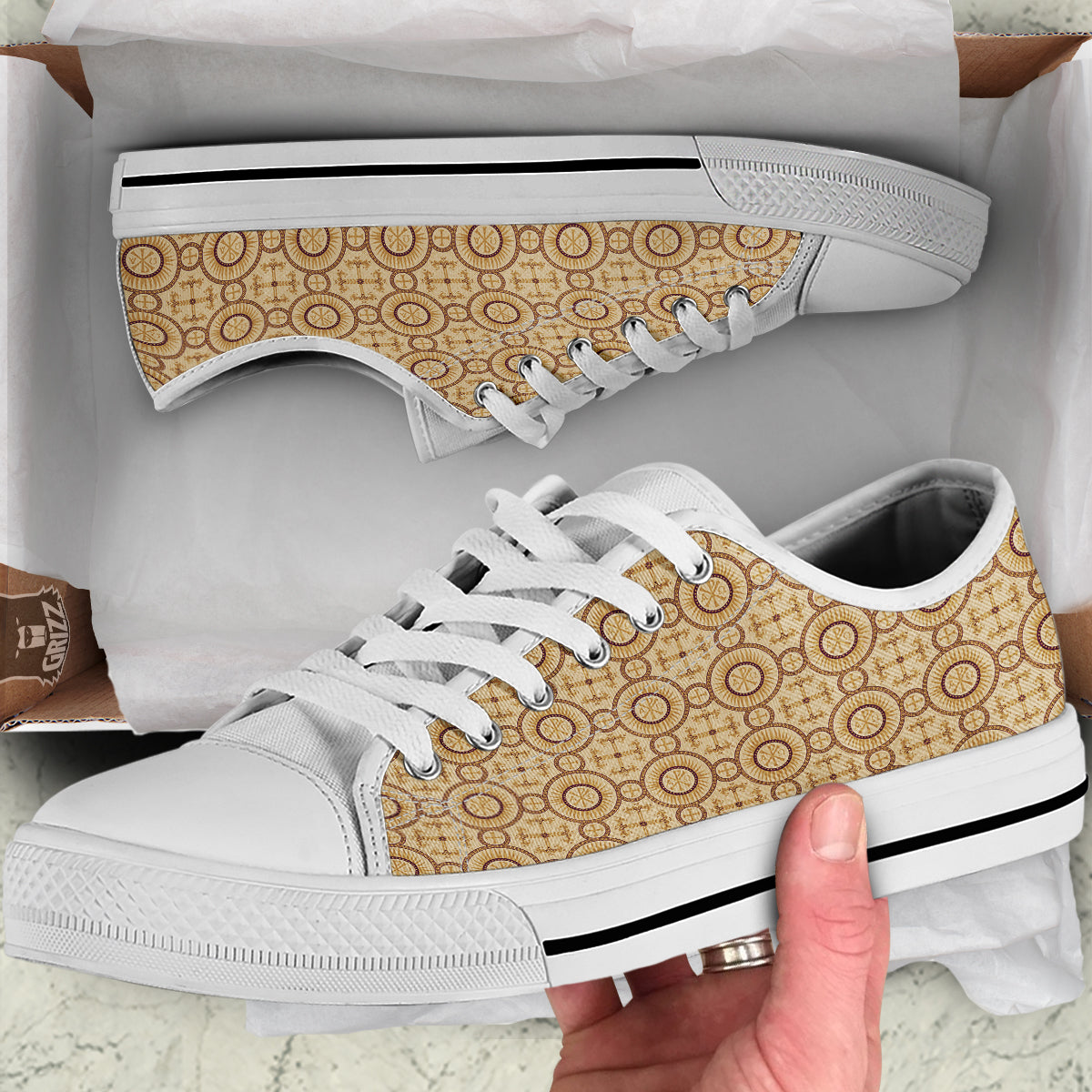 Orthodox Black And Beige Print Pattern White Low Top Shoes-grizzshop