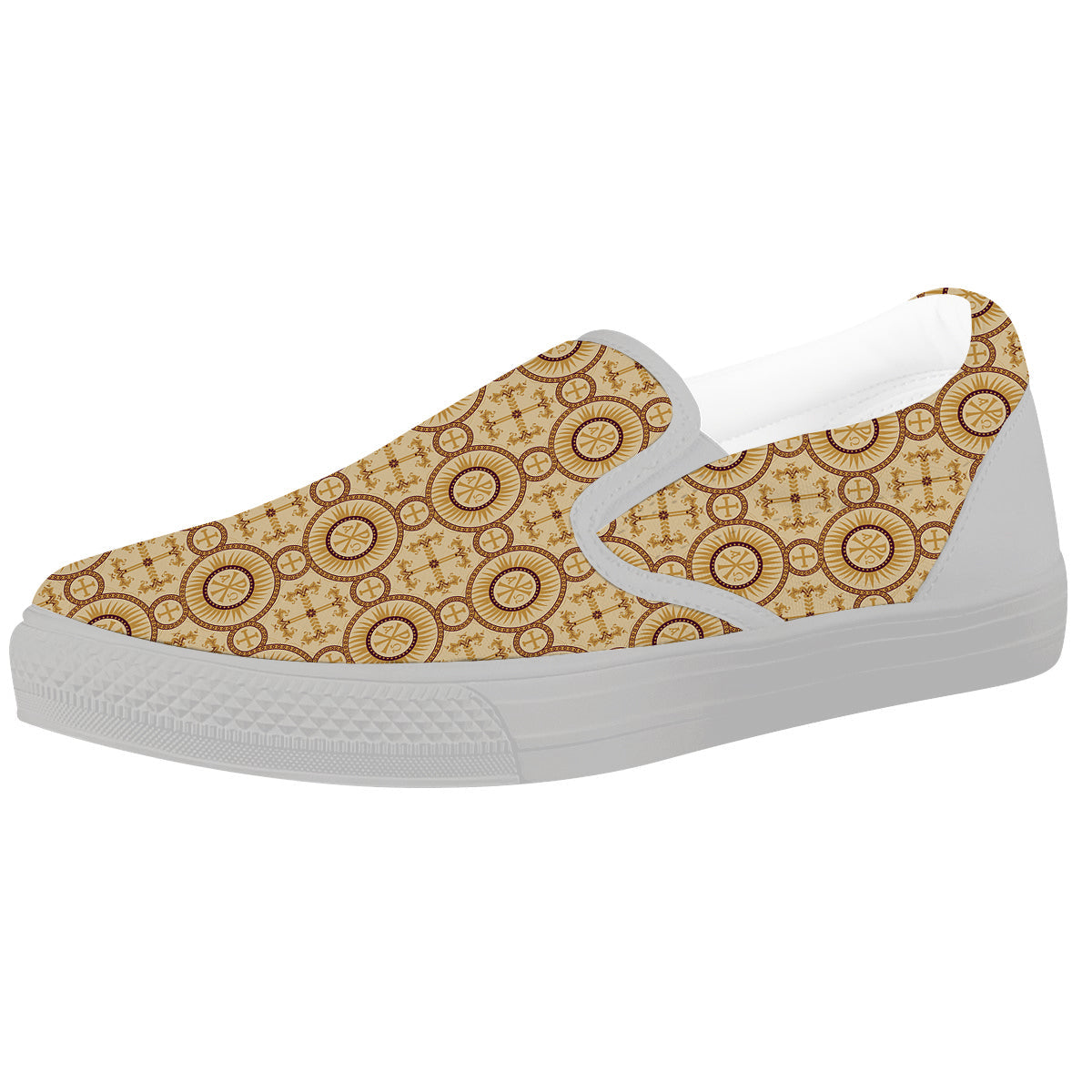 Orthodox Black And Beige Print Pattern White Slip On Shoes-grizzshop