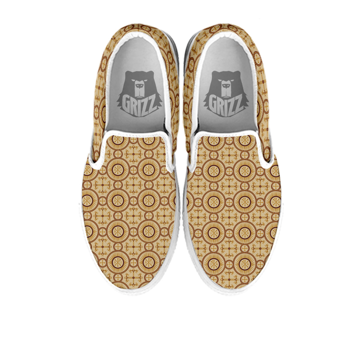 Orthodox Black And Beige Print Pattern White Slip On Shoes-grizzshop