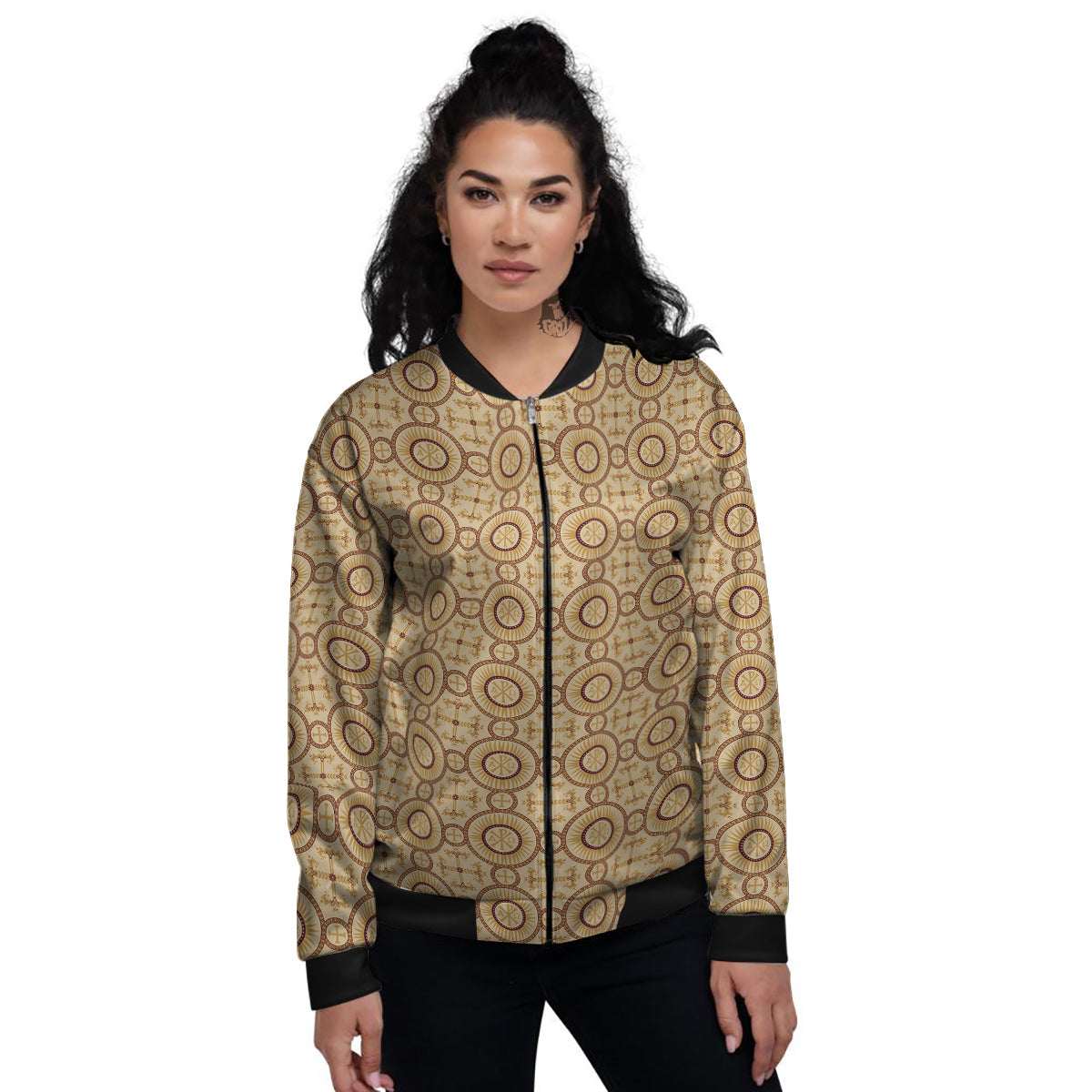 Orthodox Black And Beige Print Pattern Women's Bomber Jacket-grizzshop