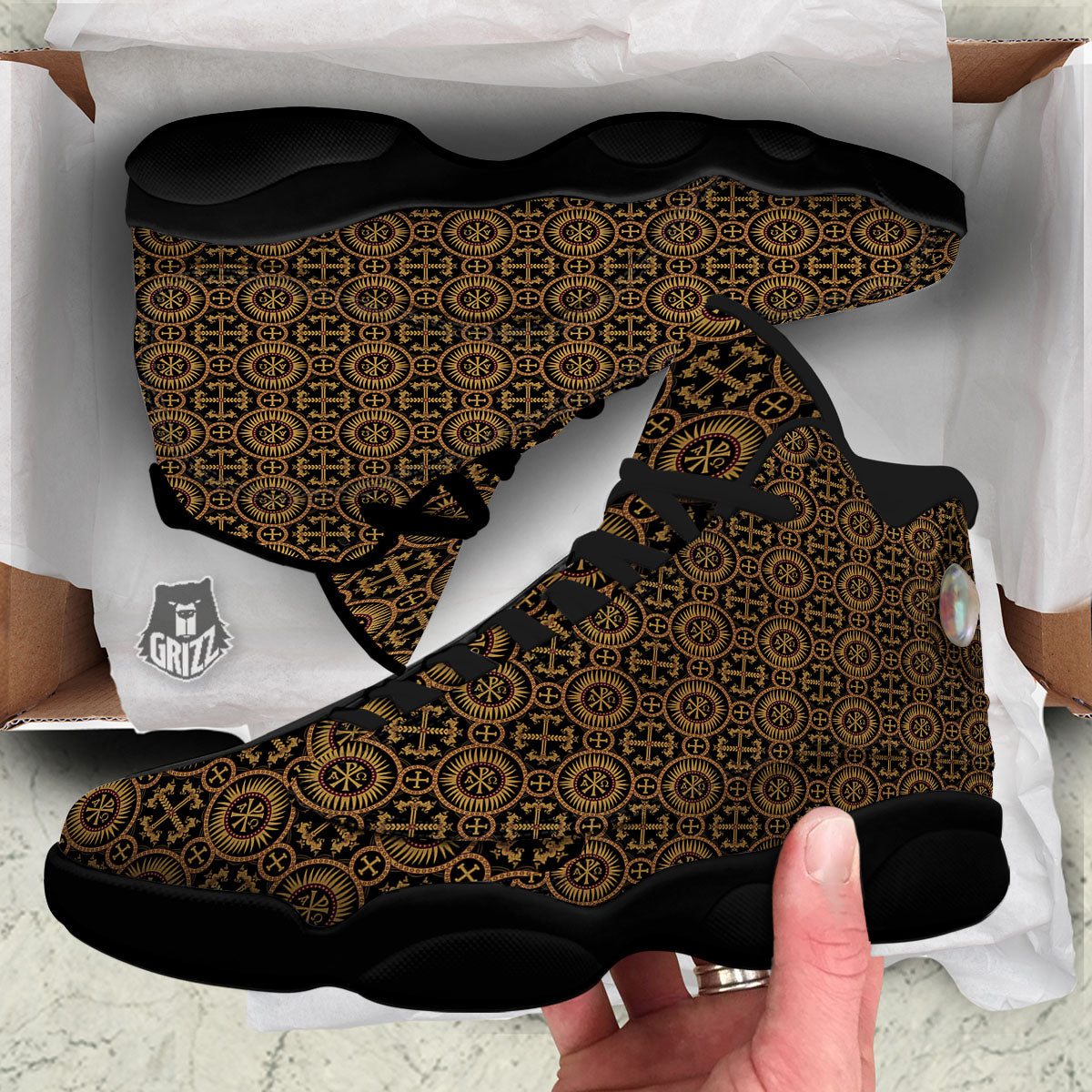 Orthodox Black And Gold Print Pattern Black Basketball Shoes-grizzshop