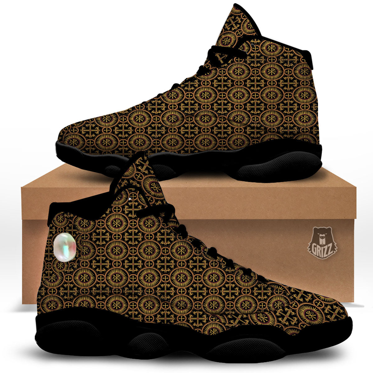 Orthodox Black And Gold Print Pattern Black Basketball Shoes-grizzshop