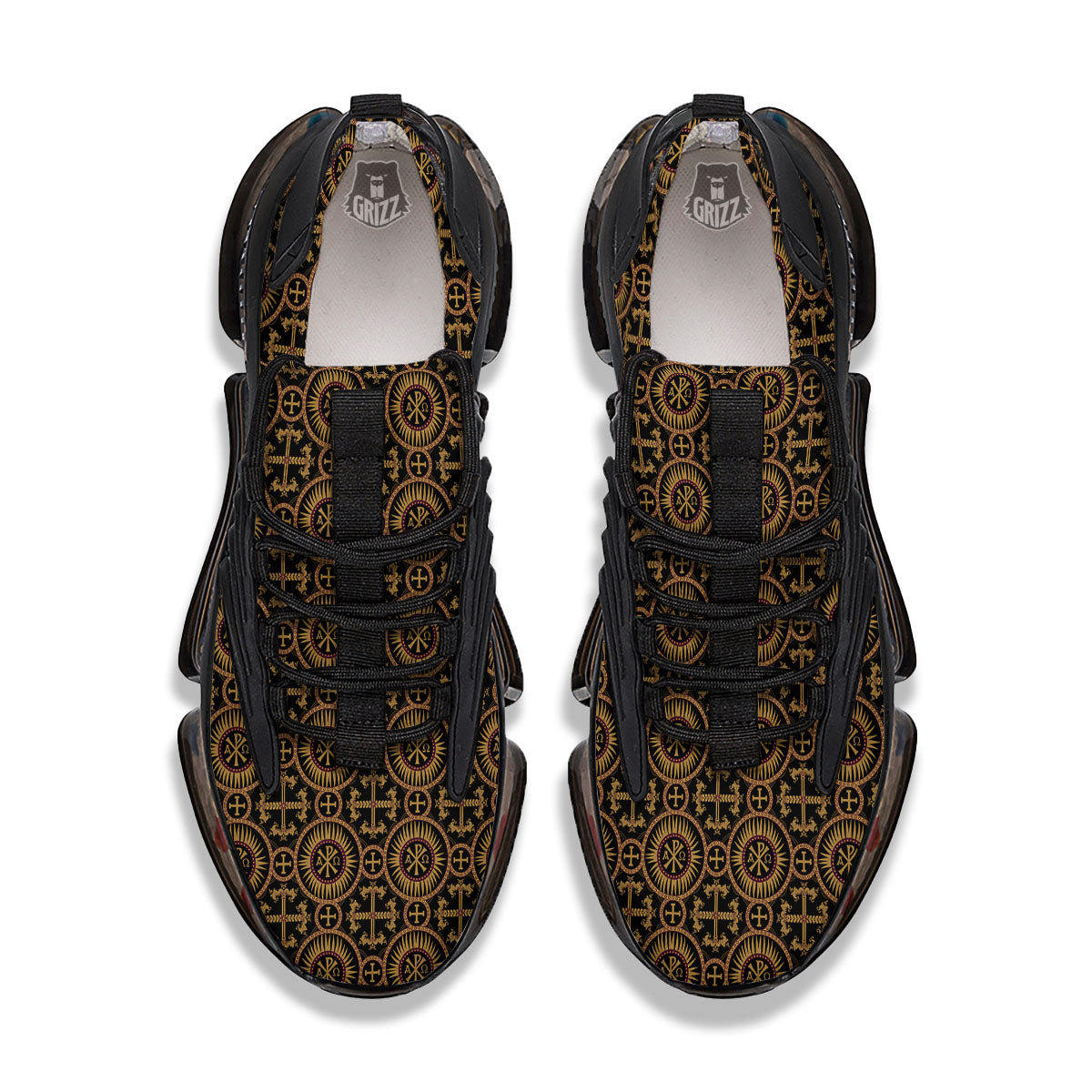 Orthodox Black And Gold Print Pattern Black Gym Shoes-grizzshop