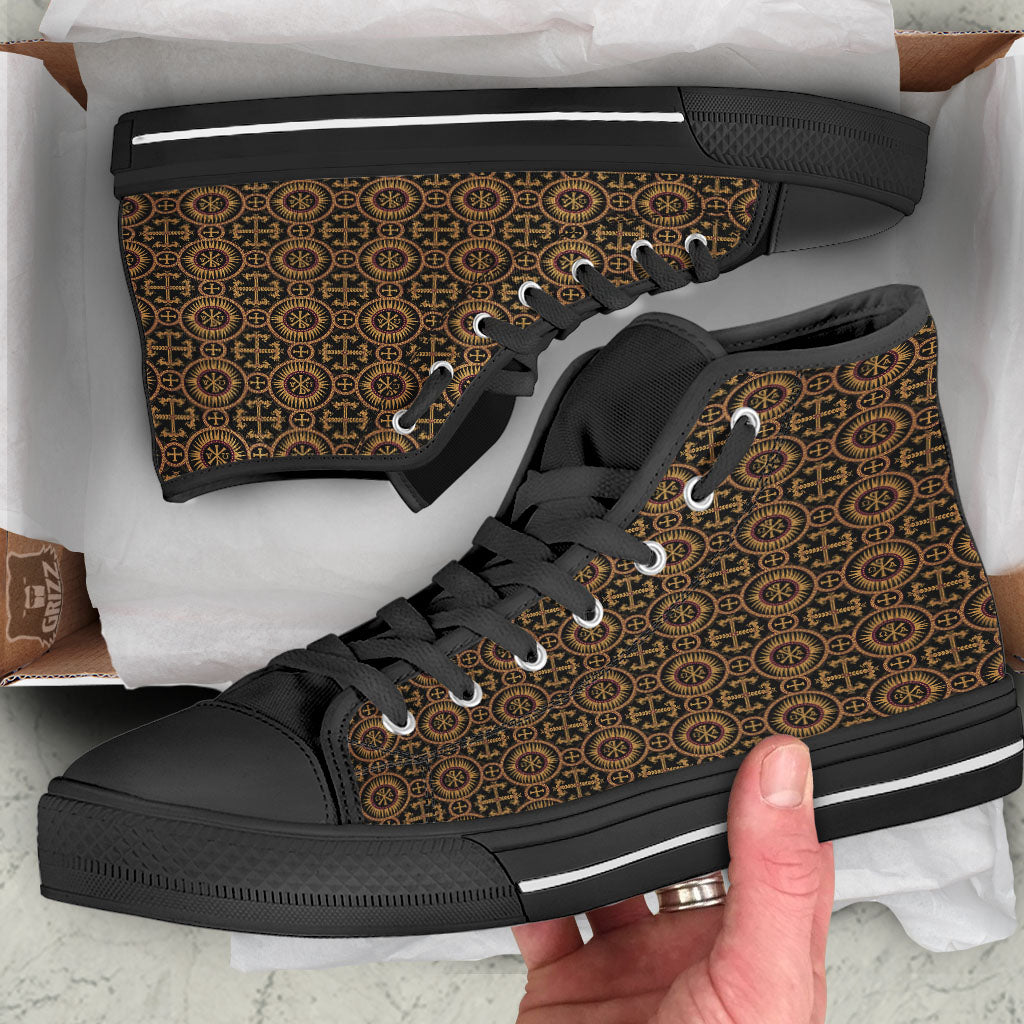 Orthodox Black And Gold Print Pattern Black High Top Shoes-grizzshop