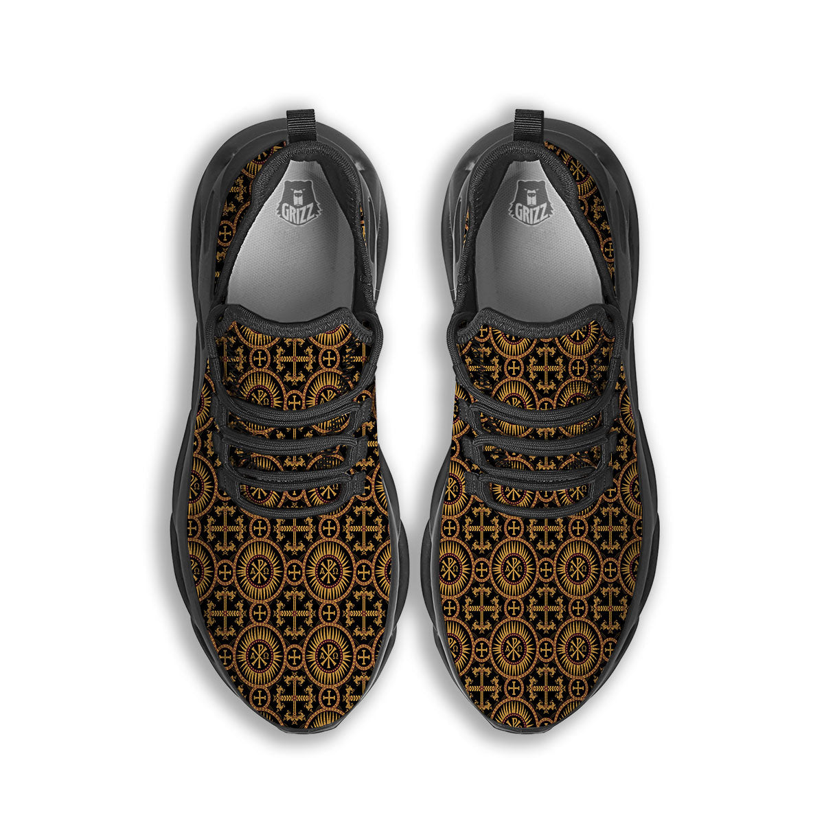 Orthodox Black And Gold Print Pattern Black Running Shoes-grizzshop