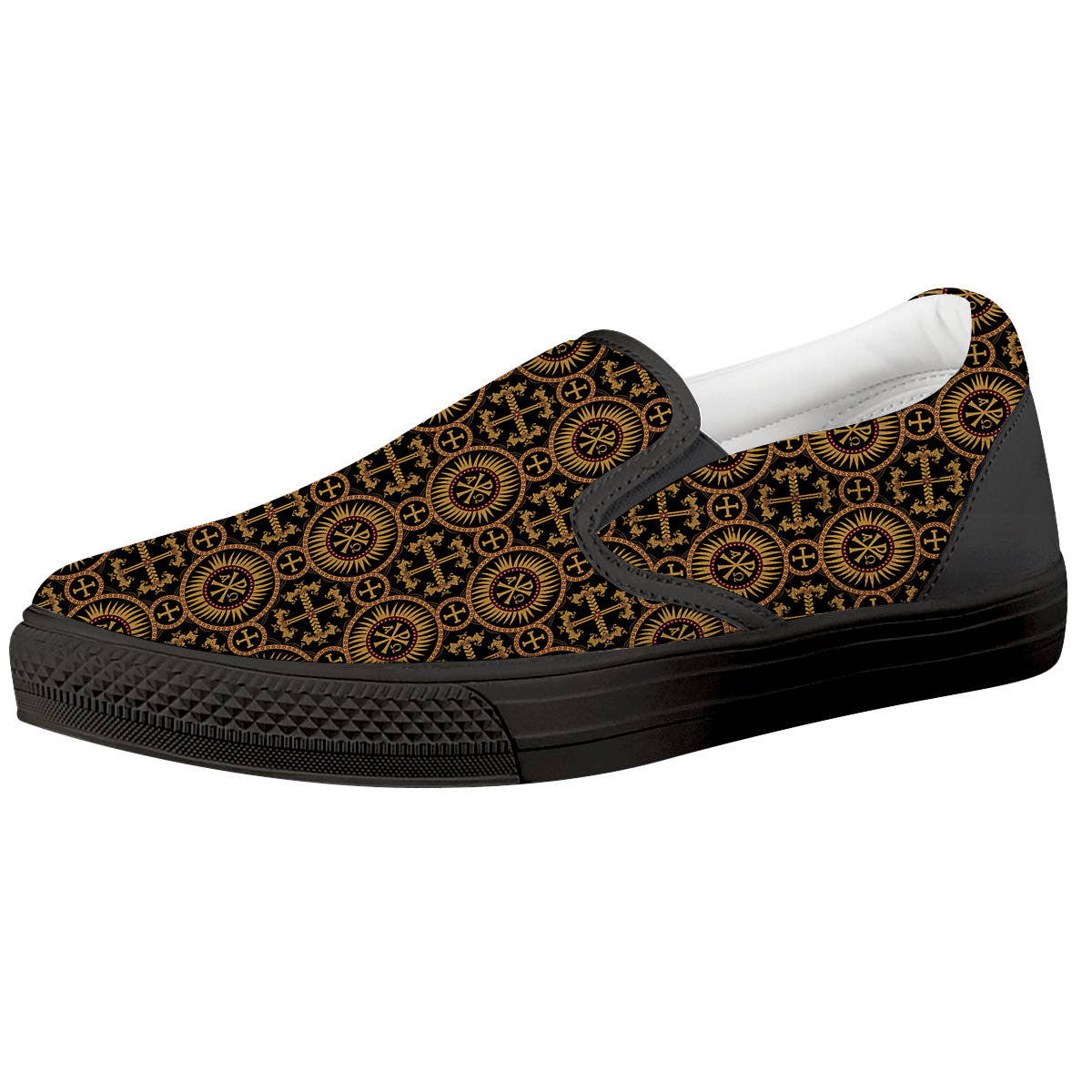 Orthodox Black And Gold Print Pattern Black Slip On Shoes-grizzshop