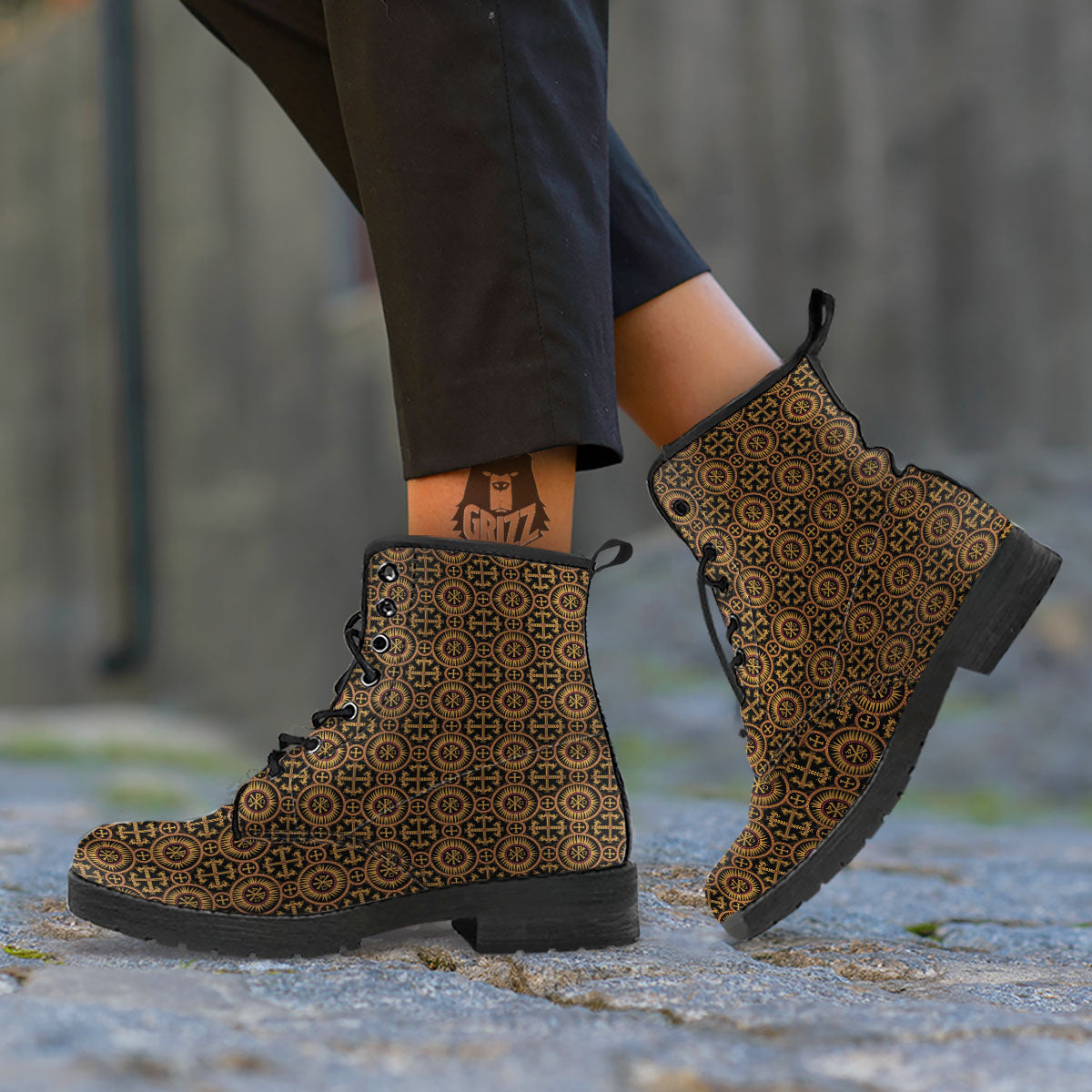Orthodox Black And Gold Print Pattern Leather Boots-grizzshop