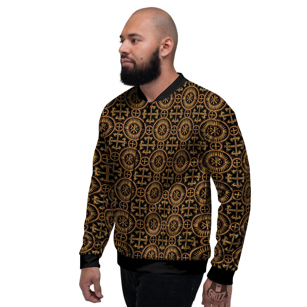 Orthodox Black And Gold Print Pattern Men's Bomber Jacket-grizzshop