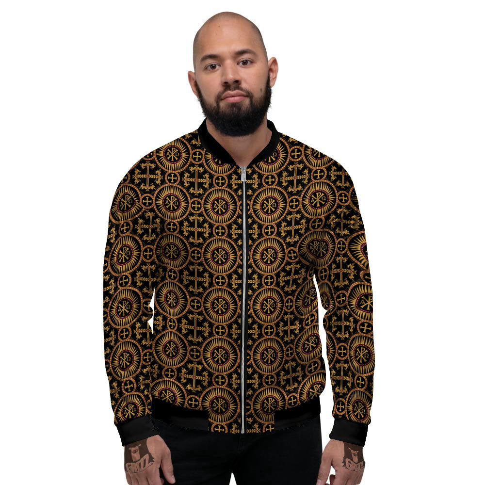 Orthodox Black And Gold Print Pattern Men's Bomber Jacket-grizzshop