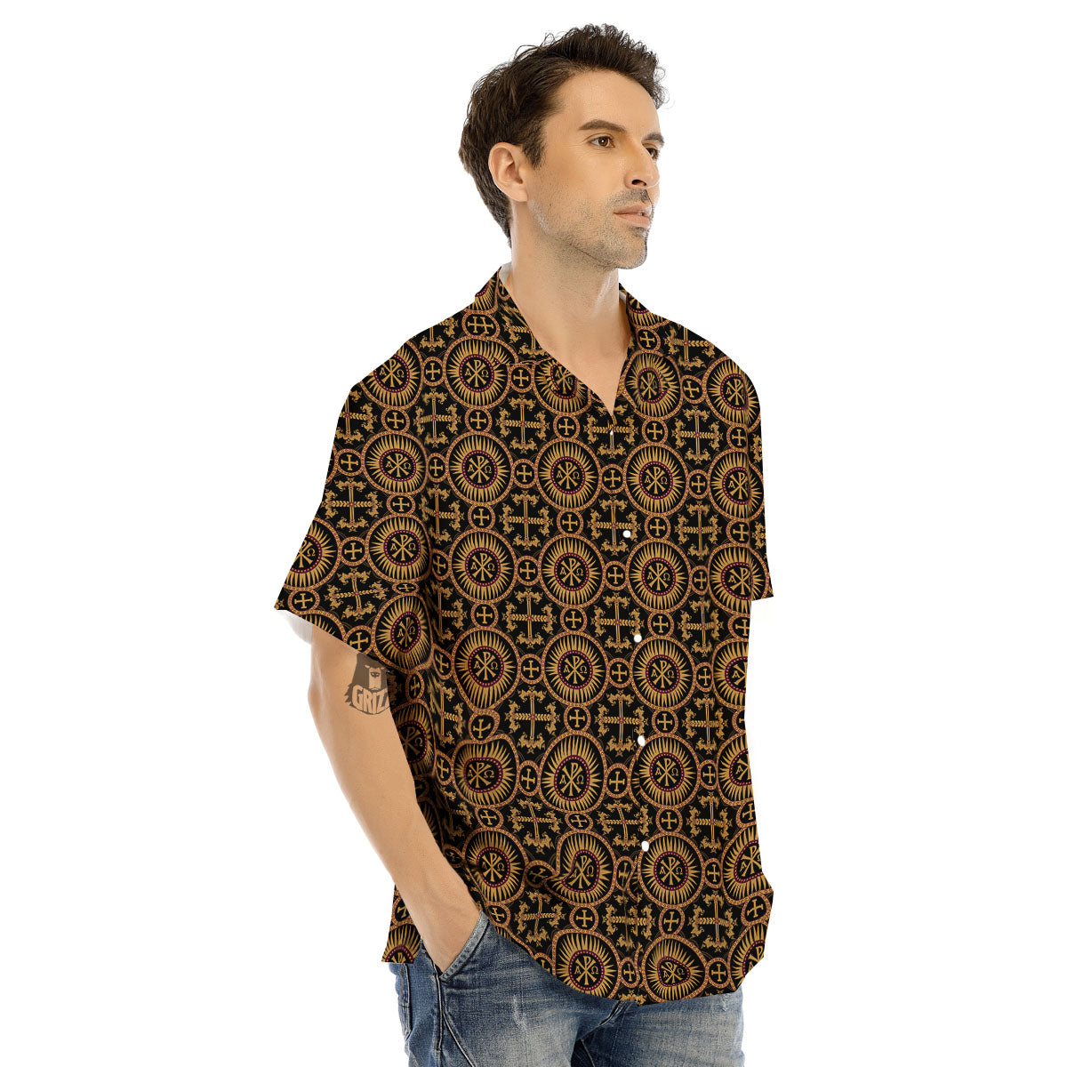 Orthodox Black And Gold Print Pattern Men's Hawaiian Shirt-grizzshop