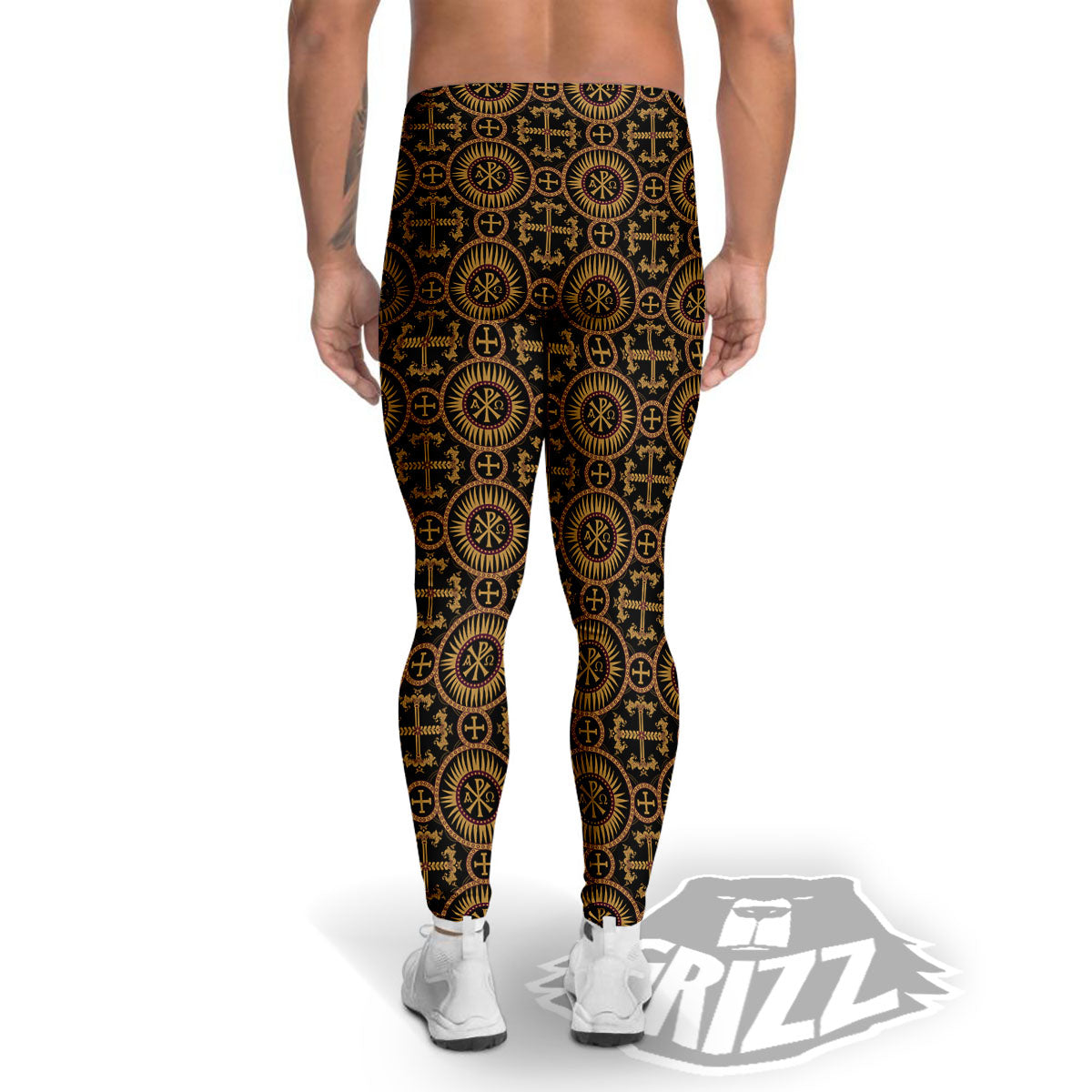 Orthodox Black And Gold Print Pattern Men's Leggings-grizzshop