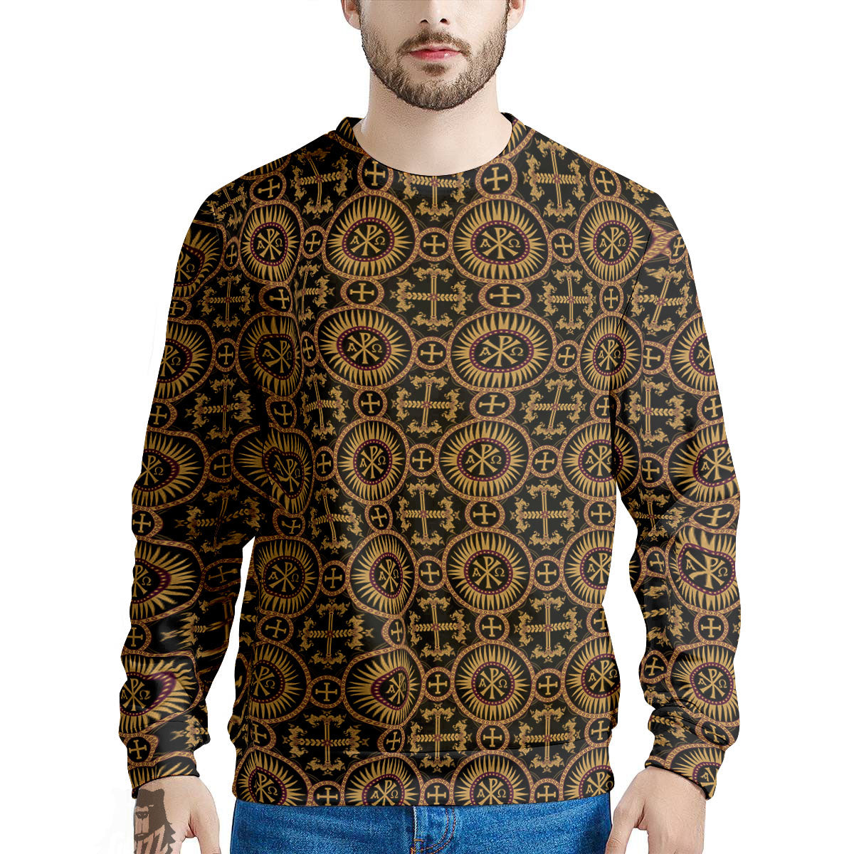 Orthodox Black And Gold Print Pattern Men's Sweatshirt-grizzshop