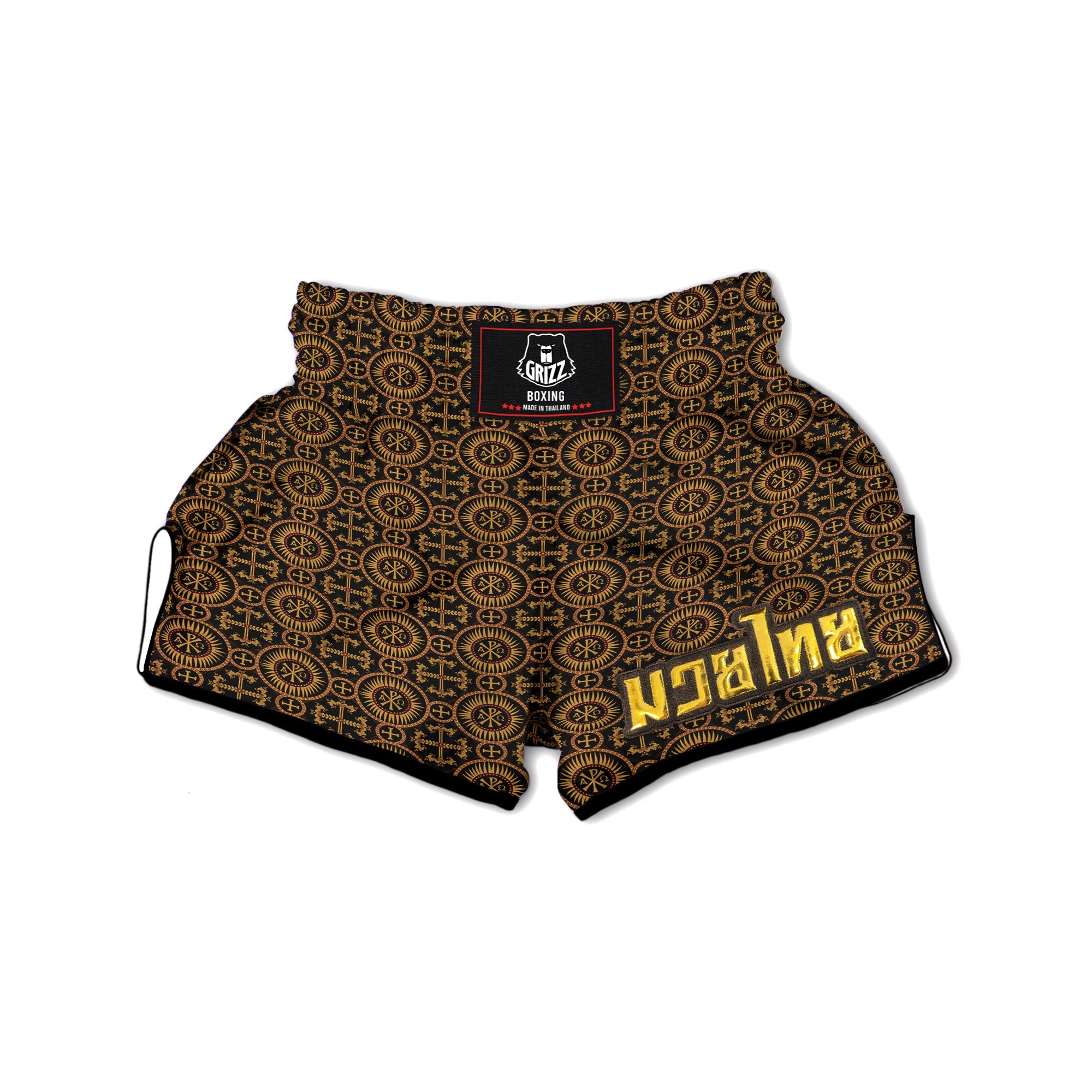 Orthodox Black And Gold Print Pattern Muay Thai Boxing Shorts-grizzshop