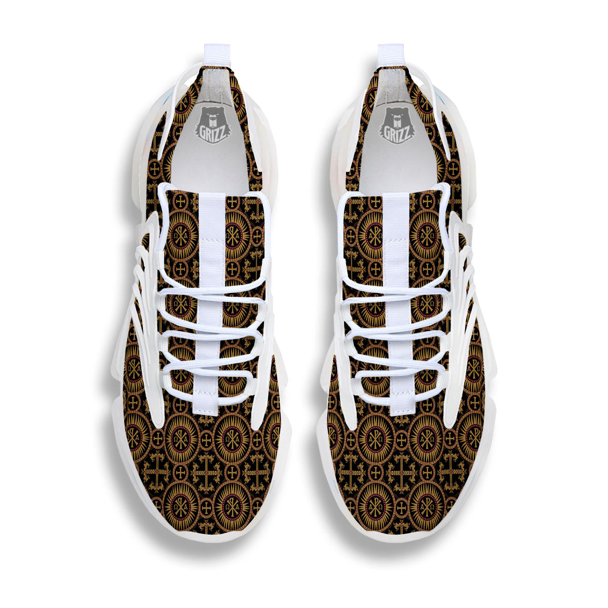 Orthodox Black And Gold Print Pattern White Gym Shoes-grizzshop
