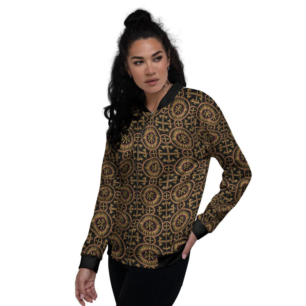Orthodox Black And Gold Print Pattern Women's Bomber Jacket-grizzshop