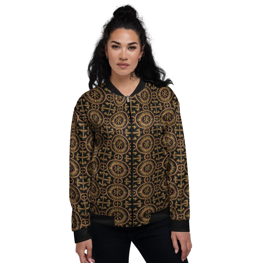 Orthodox Black And Gold Print Pattern Women's Bomber Jacket-grizzshop