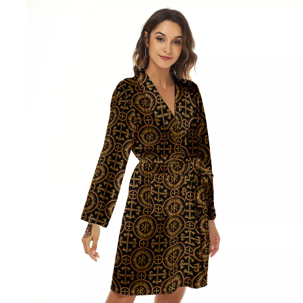 Orthodox Black And Gold Print Pattern Women's Robe-grizzshop
