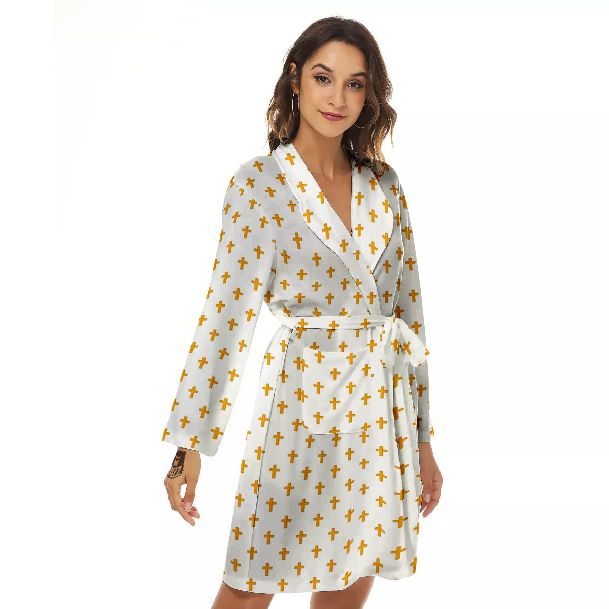 Orthodox Cross Print Pattern Women's Robe-grizzshop