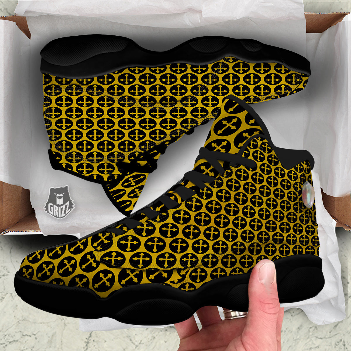 Orthodox Gold And Black Print Pattern Black Basketball Shoes-grizzshop