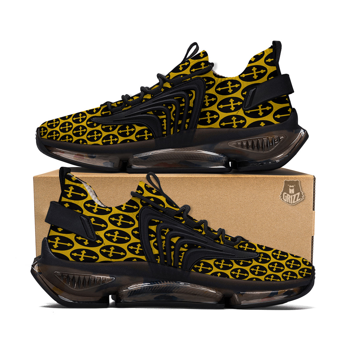 Orthodox Gold And Black Print Pattern Black Gym Shoes-grizzshop