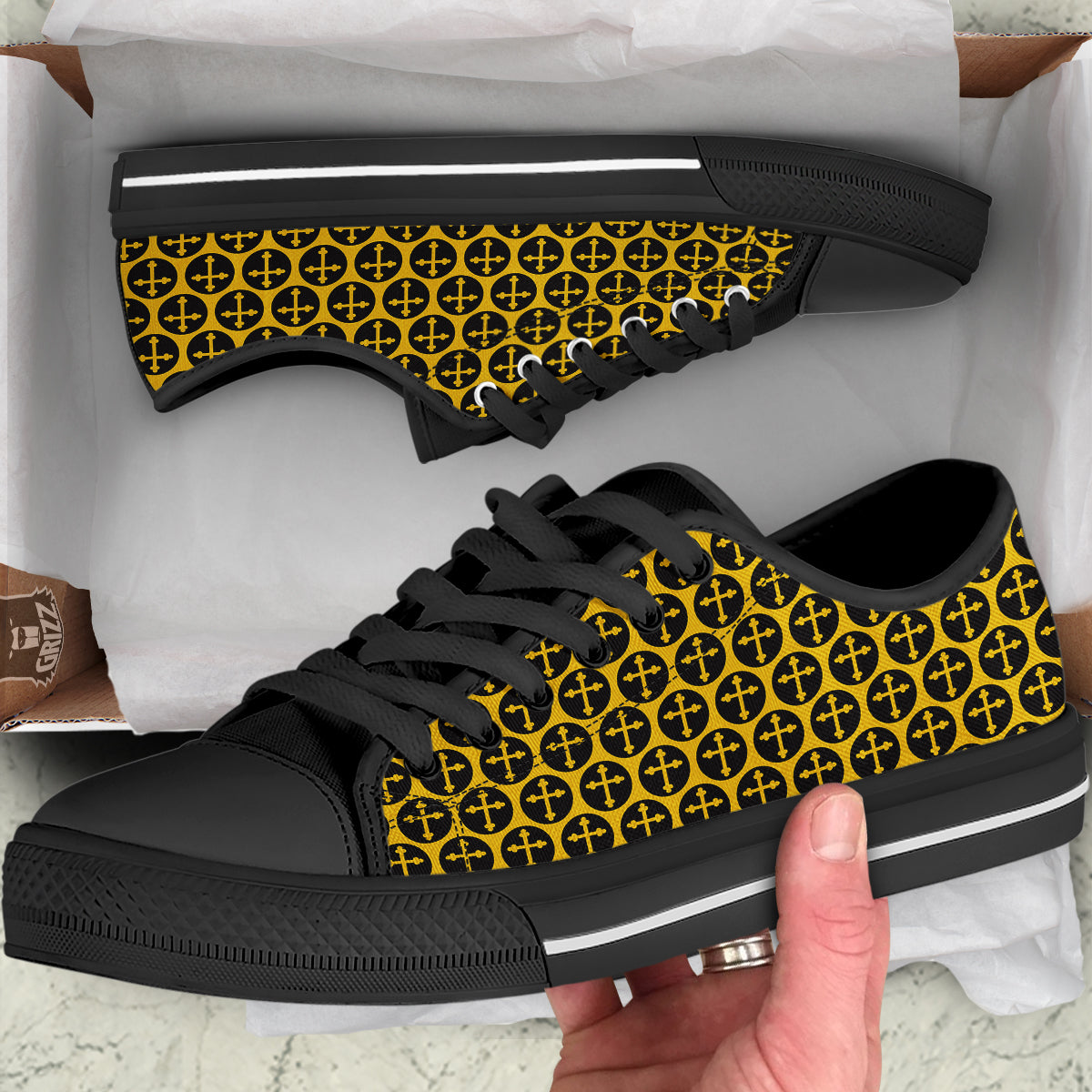 Orthodox Gold And Black Print Pattern Black Low Top Shoes-grizzshop