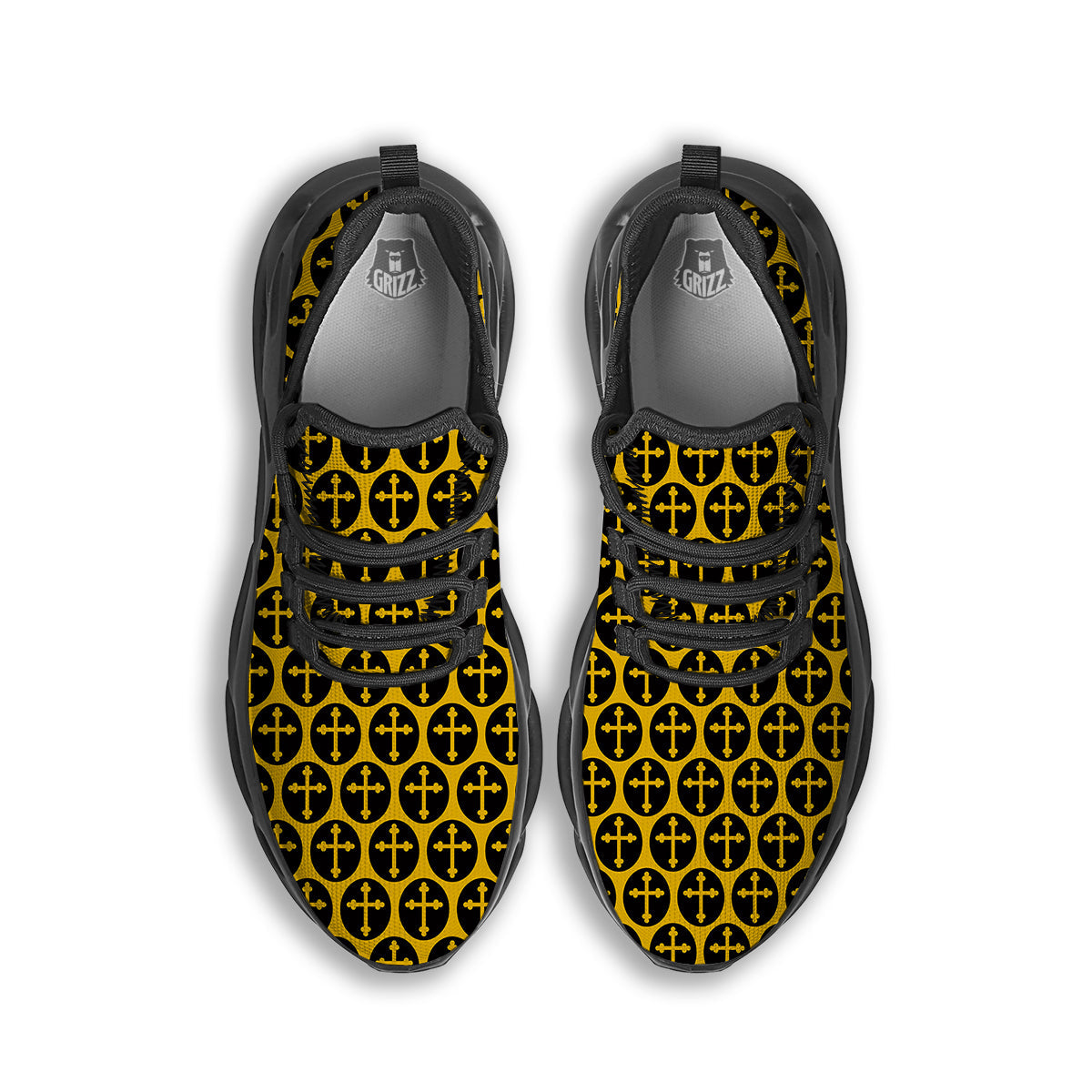 Orthodox Gold And Black Print Pattern Black Running Shoes-grizzshop