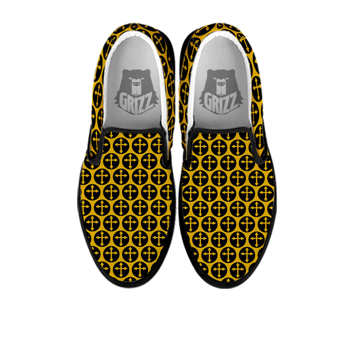 Orthodox Gold And Black Print Pattern Black Slip On Shoes-grizzshop