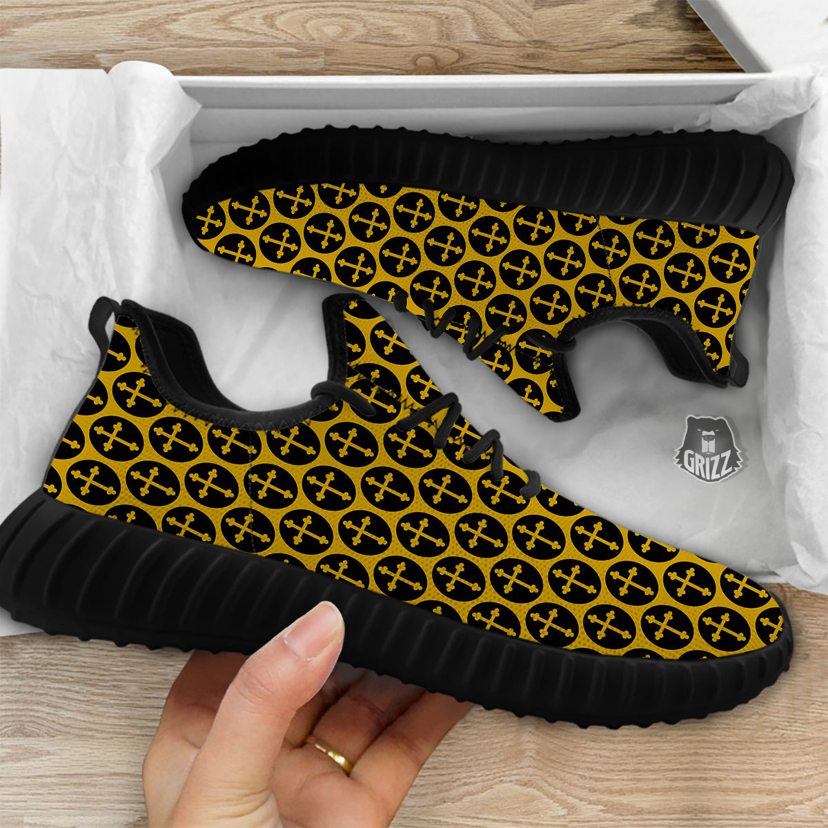 Orthodox Gold And Black Print Pattern Black Walking Shoes-grizzshop