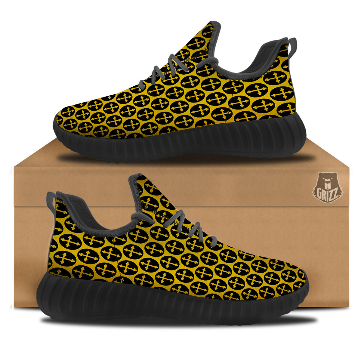 Orthodox Gold And Black Print Pattern Black Walking Shoes-grizzshop