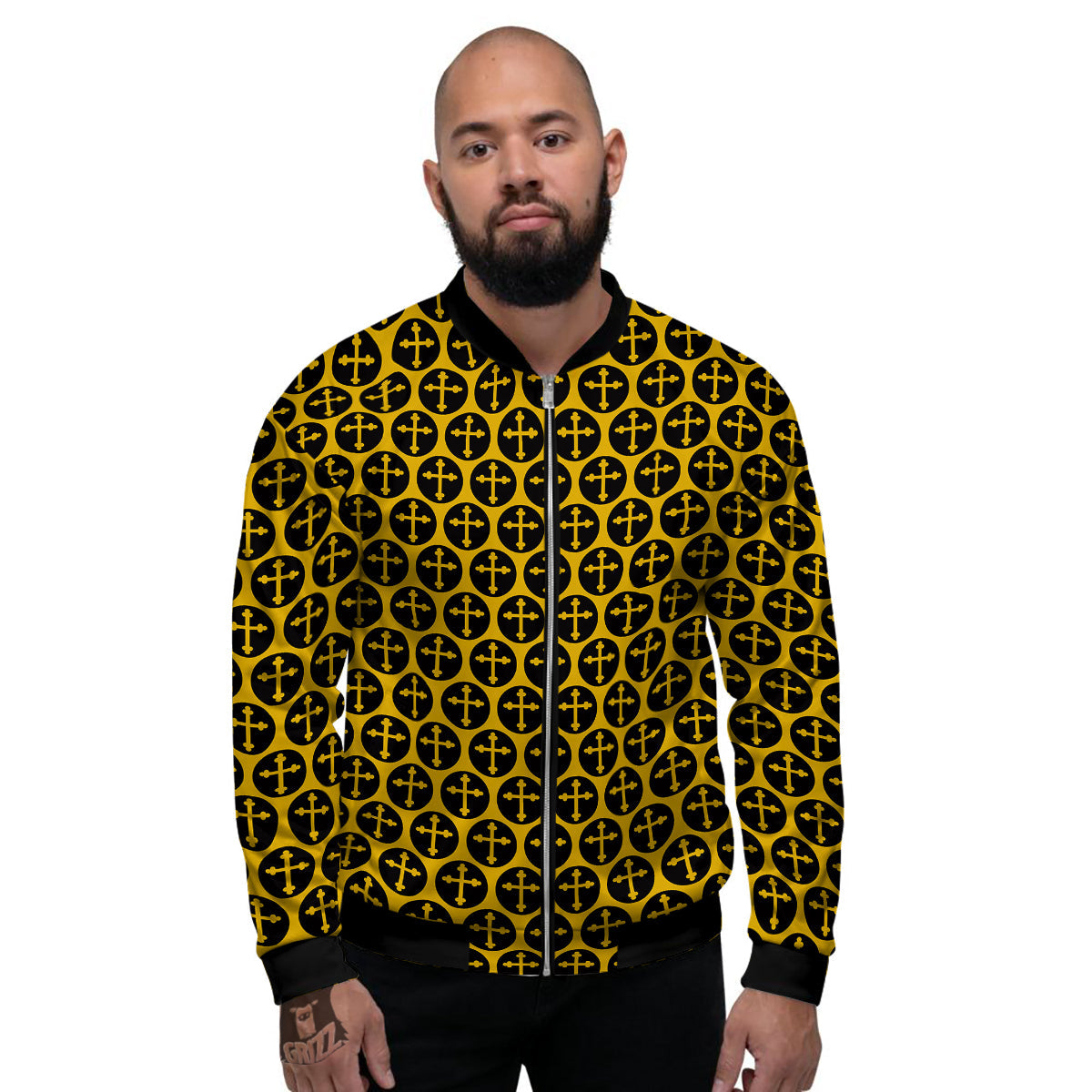 Orthodox Gold And Black Print Pattern Men's Bomber Jacket-grizzshop