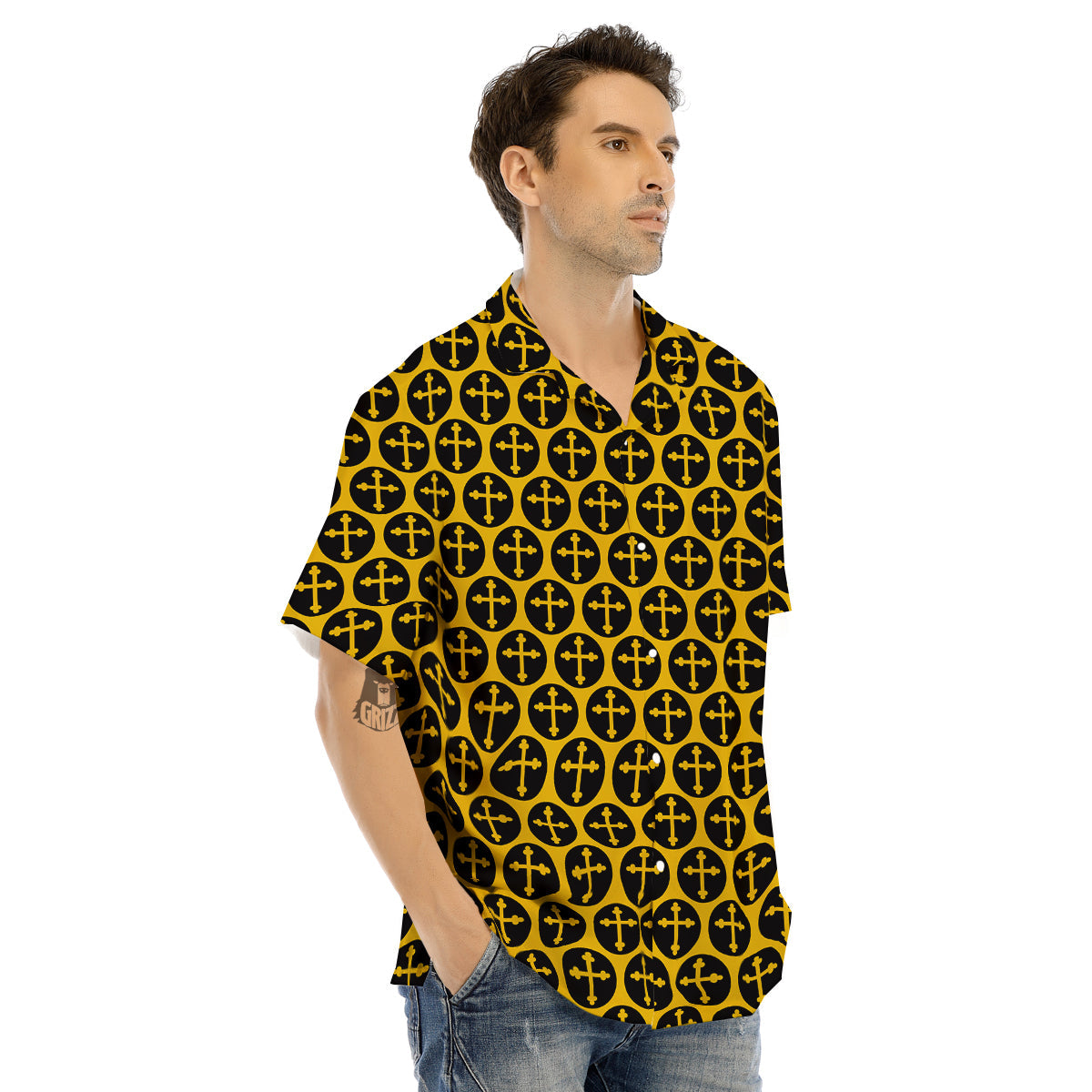 Orthodox Gold And Black Print Pattern Men's Hawaiian Shirt-grizzshop