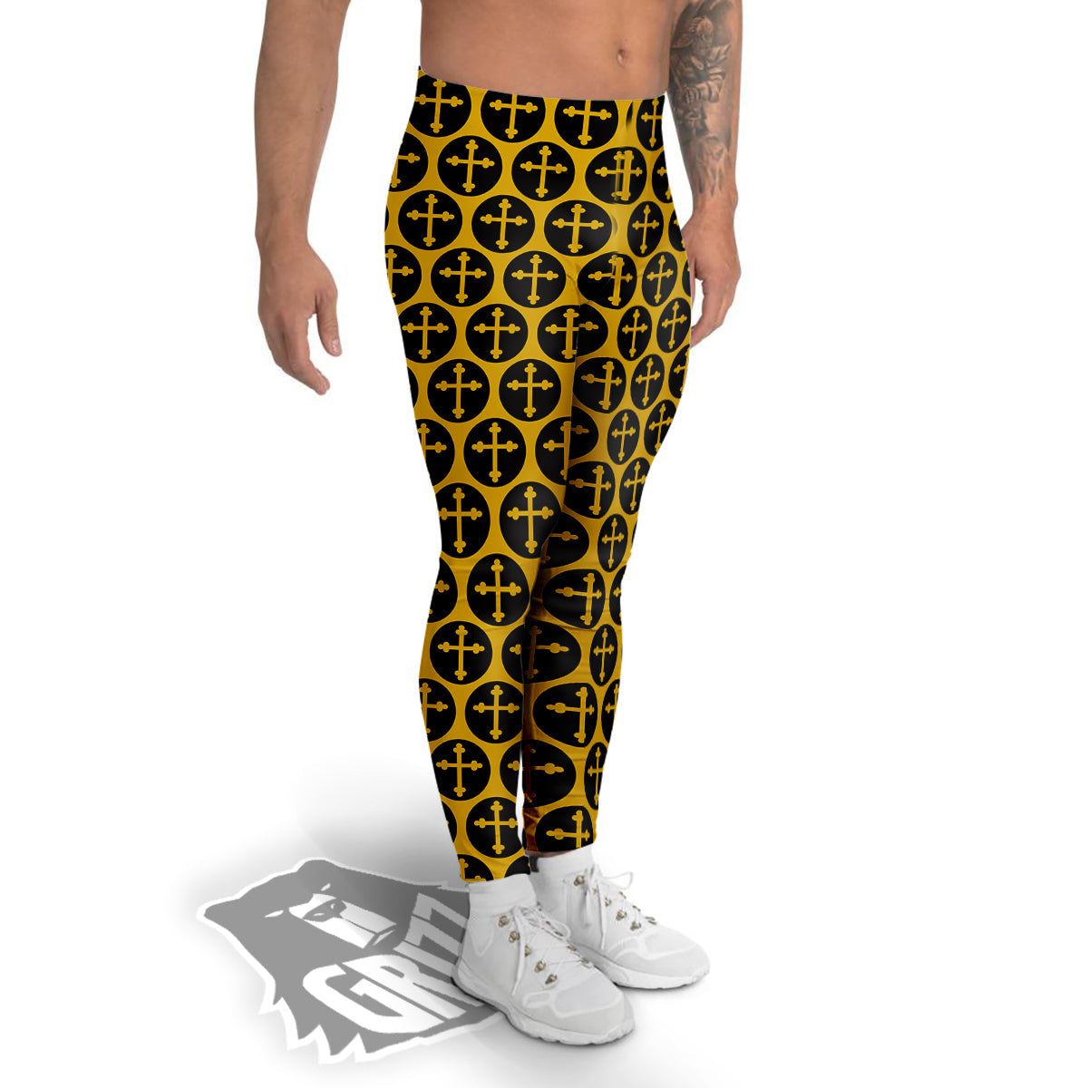 Orthodox Gold And Black Print Pattern Men's Leggings-grizzshop