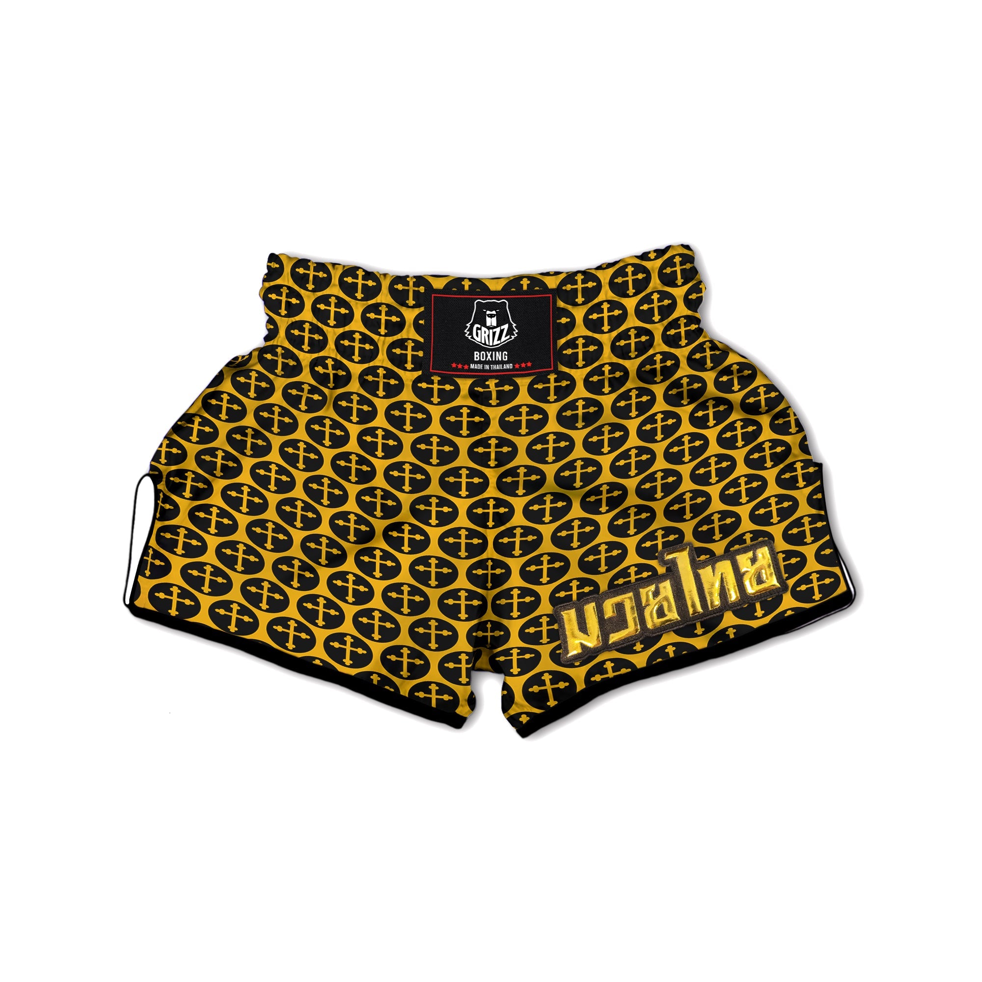 Orthodox Gold And Black Print Pattern Muay Thai Boxing Shorts-grizzshop