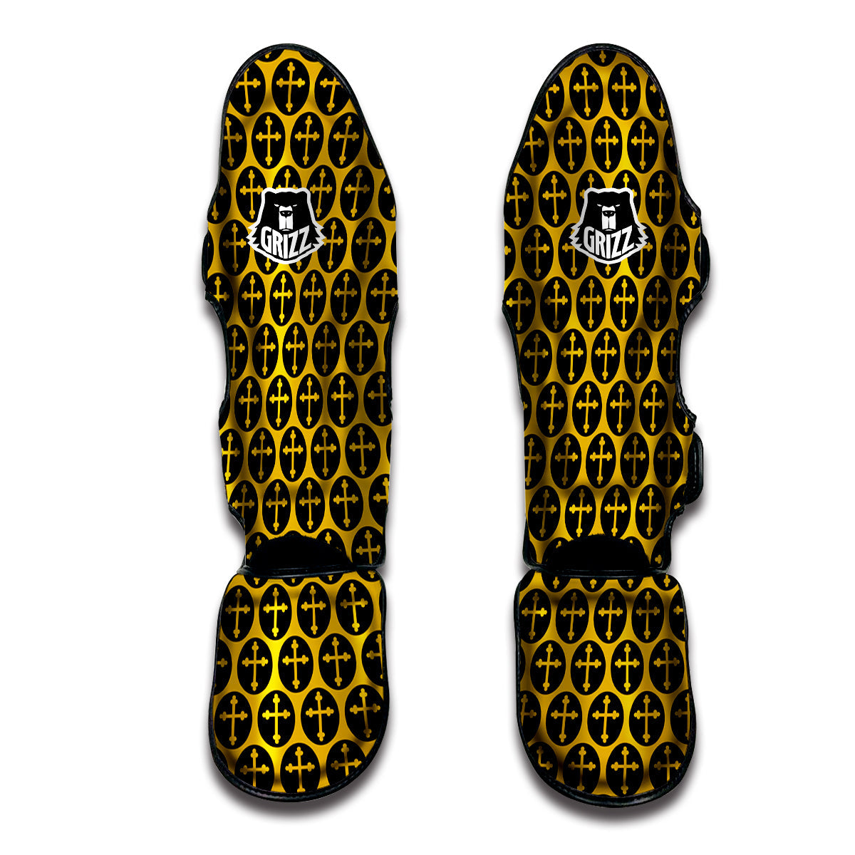 Orthodox Gold And Black Print Pattern Muay Thai Shin Guards-grizzshop