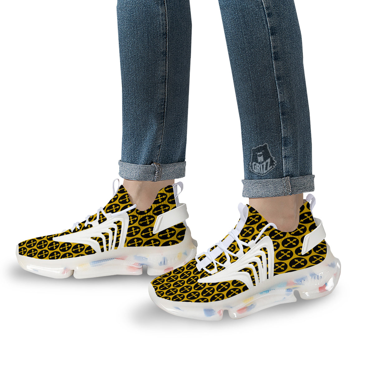 Orthodox Gold And Black Print Pattern White Gym Shoes-grizzshop