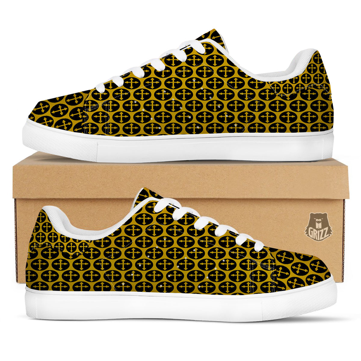 Orthodox Gold And Black Print Pattern White Low Top Sneakers-grizzshop